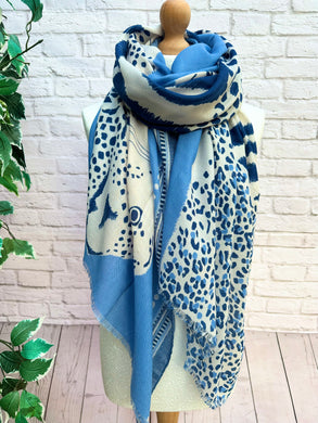 Ladies Bold Tiger & Leopard Animal Print BLUE Fashion Scarf