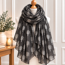 Charcoal Grey Silver Foil Tree of Life Ladies Fashion Scarf