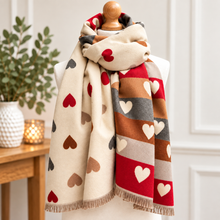 Cream Warm Reversible Love Heart Colourful Design - Soft Winter Scarf - Gift for Her