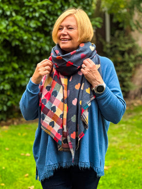 Thick Reversible Multi Coloured Love Hearts Checked DENIM NAVY BLUE Pashmina Winter Scarf