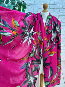 Ladies Multi Feathers Floral Print FUCHSIA PINK Fashion Scarf