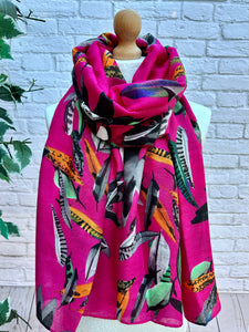 Ladies Multi Feathers Floral Print FUCHSIA PINK Fashion Scarf