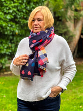 Thick Reversible Multi Coloured Love Hearts Checked Pashmina Winter Scarf - Navy Blue