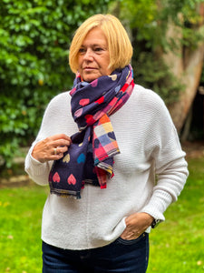Thick Reversible Multi Coloured Love Hearts Checked Pashmina Winter Scarf - Navy Blue