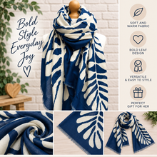 Ladies Bold Leaf Print Oversized Fashion Scarf – Navy & White