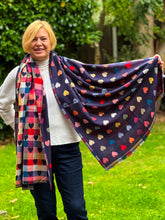 Thick Reversible Multi Coloured Love Hearts Checked Pashmina Winter Scarf - Navy Blue