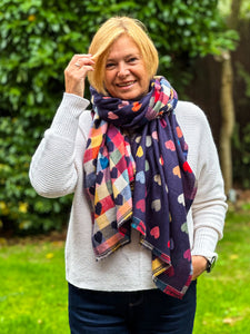 Thick Reversible Multi Coloured Love Hearts Checked Pashmina Winter Scarf - Navy Blue