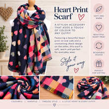 Thick Reversible Multi Coloured Love Hearts Checked Pashmina Winter Scarf - Navy Blue