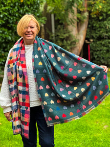 Thick Reversible Multi Coloured Love Hearts Checked TEAL GREEN Pashmina Winter Scarf