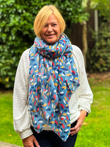 Ladies Multi Coloured Leaves Pattern BLUE Fashion Scarf
