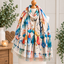 Colourful Happy Cats Kitten Print - Soft Warm Scarf - Women's Tassel Wrap - Gift for Her