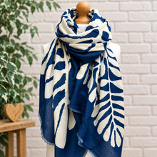 Ladies Bold Leaf Print Oversized Fashion Scarf – Navy & White