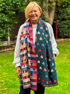 Thick Reversible Multi Coloured Love Hearts Checked TEAL GREEN Pashmina Winter Scarf