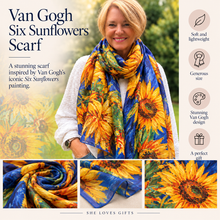 Ladies 100% SILK Painter Van Gogh Six Sunflowers Print BLUE Fashion Scarf