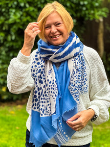 Ladies Bold Tiger & Leopard Animal Print BLUE Fashion Scarf
