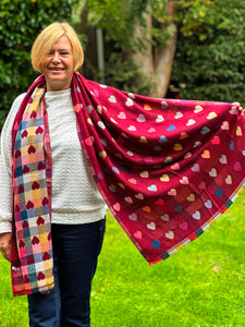 Thick Reversible Multi Coloured Love Hearts Checked Deep RED Pashmina Winter Scarf