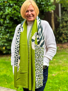 Ladies Bold Tiger & Leopard Animal Print Fashion Scarf - Green Black