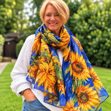 Ladies 100% SILK Painter Van Gogh Six Sunflowers Print BLUE Fashion Scarf
