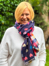 Thick Reversible Multi Coloured Love Hearts Checked Pashmina Winter Scarf - Navy Blue