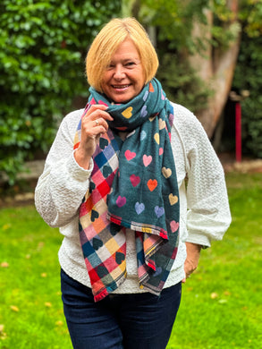 Thick Reversible Multi Coloured Love Hearts Checked TEAL GREEN Pashmina Winter Scarf