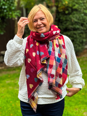 Thick Reversible Multi Coloured Love Hearts Checked Deep RED Pashmina Winter Scarf