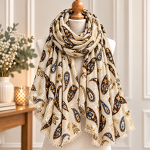 Boho Style Paisley Foil Ladies Lightweight Frayed Scarf - Cream