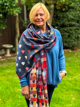Thick Reversible Multi Coloured Love Hearts Checked DENIM NAVY BLUE Pashmina Winter Scarf