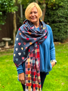 Thick Reversible Multi Coloured Love Hearts Checked DENIM NAVY BLUE Pashmina Winter Scarf