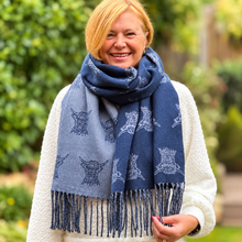 Thick Reversible Highland Cow NAVY BLUE Tassel Pashmina Winter Scarf