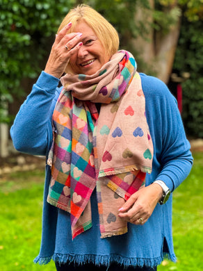 Thick Reversible Multi Coloured Love Hearts Checked BLUSH PINK Pashmina Winter Scarf