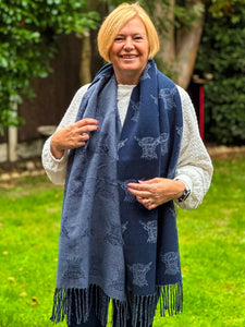 Thick Reversible Highland Cow NAVY BLUE Tassel Pashmina Winter Scarf