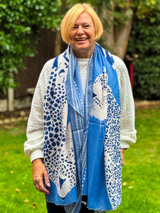 Ladies Bold Tiger & Leopard Animal Print BLUE Fashion Scarf
