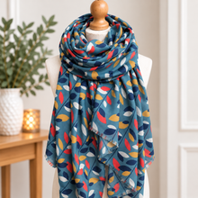Ladies Multi Coloured Leaves Pattern BLUE Fashion Scarf