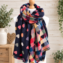 Thick Reversible Multi Coloured Love Hearts Checked Pashmina Winter Scarf - Navy Blue