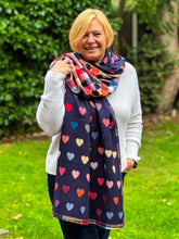 Thick Reversible Multi Coloured Love Hearts Checked Pashmina Winter Scarf - Navy Blue