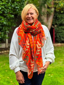 Ladies Multi Coloured Leaf Stems Print BURNT ORANGE Fashion Scarf