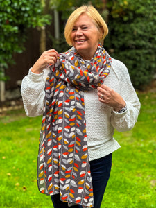 Ladies Multi Coloured Autumn Leaves Pattern GREY Fashion Scarf