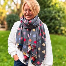 Thick Reversible Multi Coloured Love Hearts Checked GREY Pashmina Winter Scarf