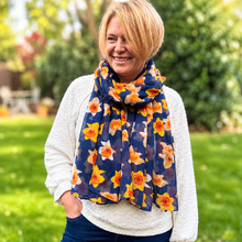 Ladies Yellow Daffodil Print NAVY BLUE Fashion Scarf