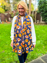 Ladies Yellow Daffodil Print NAVY BLUE Fashion Scarf