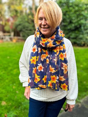 Ladies Yellow Daffodil Print NAVY BLUE Fashion Scarf