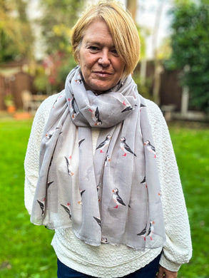 Ladies Puffin Bird Print GREY Fashion Scarf