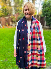 Thick Reversible Multi Coloured Stars Checked NAVY BLUE Pashmina Winter Scarf