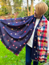 Thick Reversible Multi Coloured Stars Checked NAVY BLUE Pashmina Winter Scarf