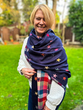 Thick Reversible Multi Coloured Stars Checked NAVY BLUE Pashmina Winter Scarf