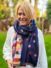 Thick Reversible Multi Coloured Stars Checked NAVY BLUE Pashmina Winter Scarf