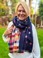Thick Reversible Multi Coloured Stars Checked NAVY BLUE Pashmina Winter Scarf
