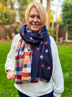 Thick Reversible Multi Coloured Stars Checked NAVY BLUE Pashmina Winter Scarf