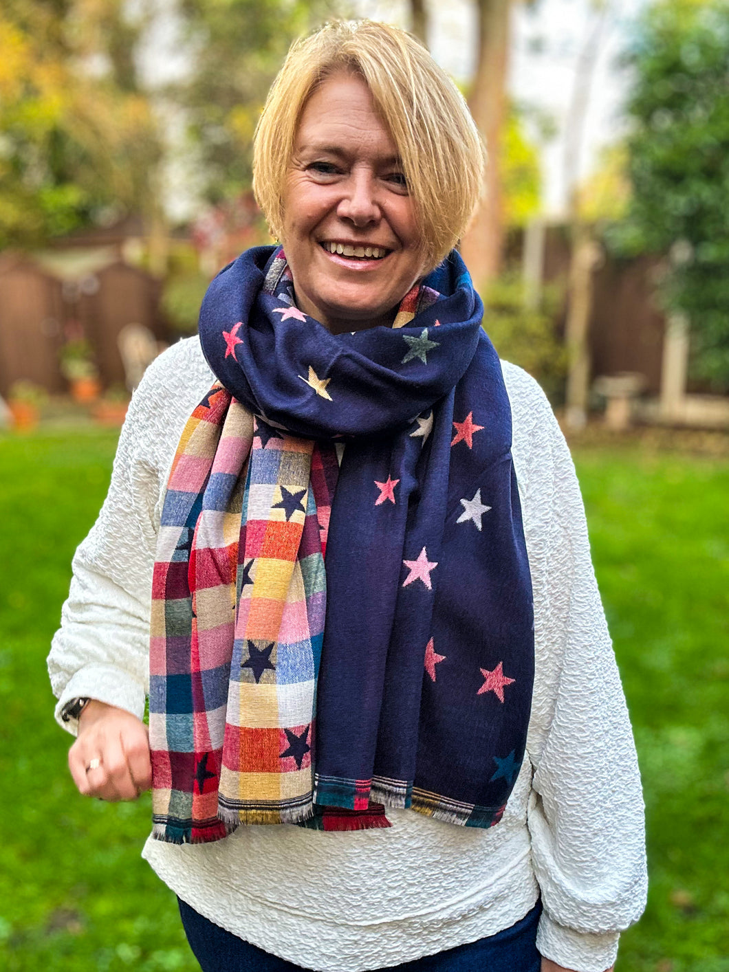Thick Reversible Multi Coloured Stars Checked NAVY BLUE Pashmina Winter Scarf