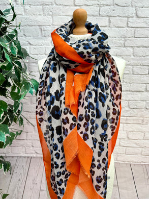 Ladies Bold Leopard Animal Print NAVY BLUE ORANGE Self Fraying Fashion Scarf